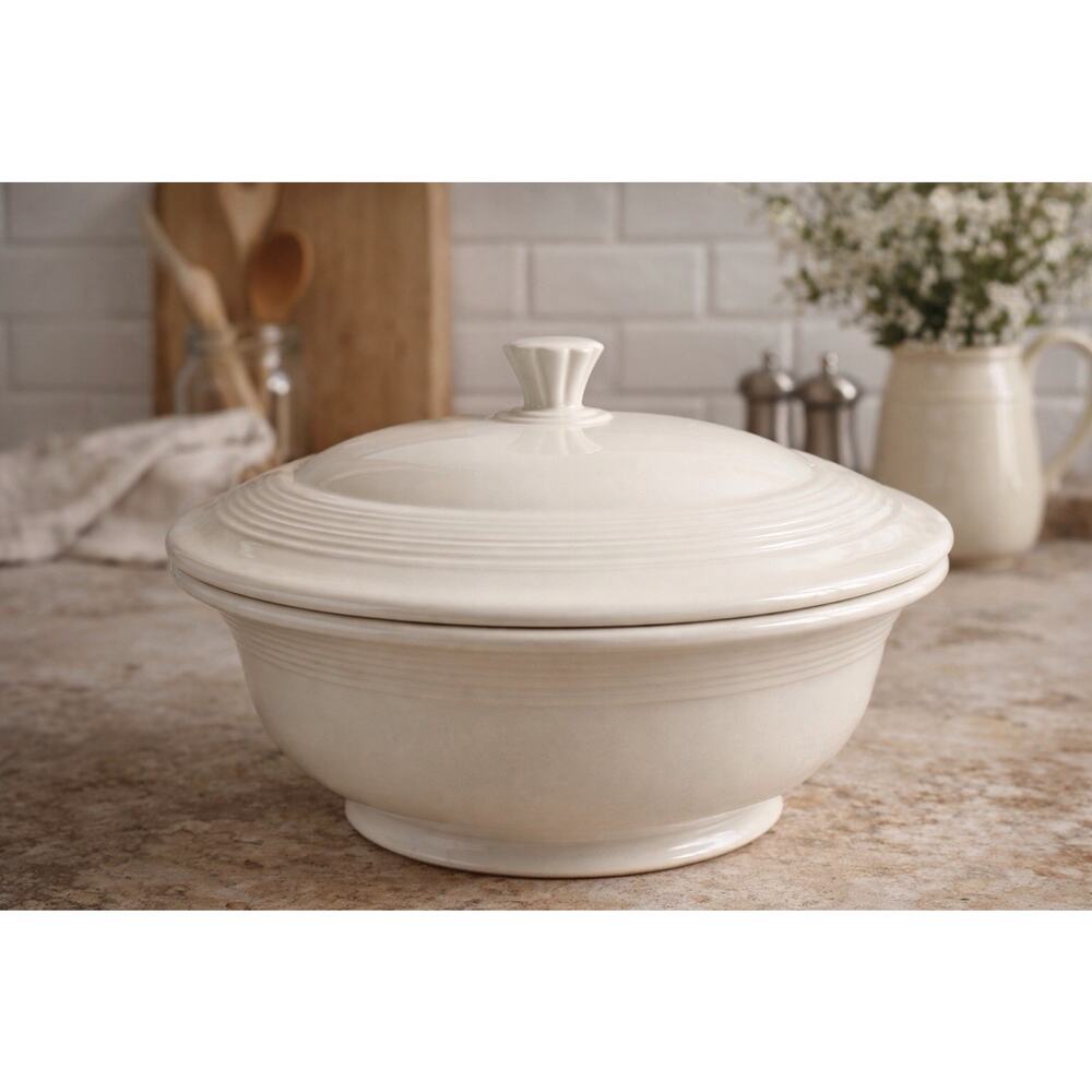 Vintage HLC Fiestaware Covered Casserole Dish 2 Quart White Round EUC